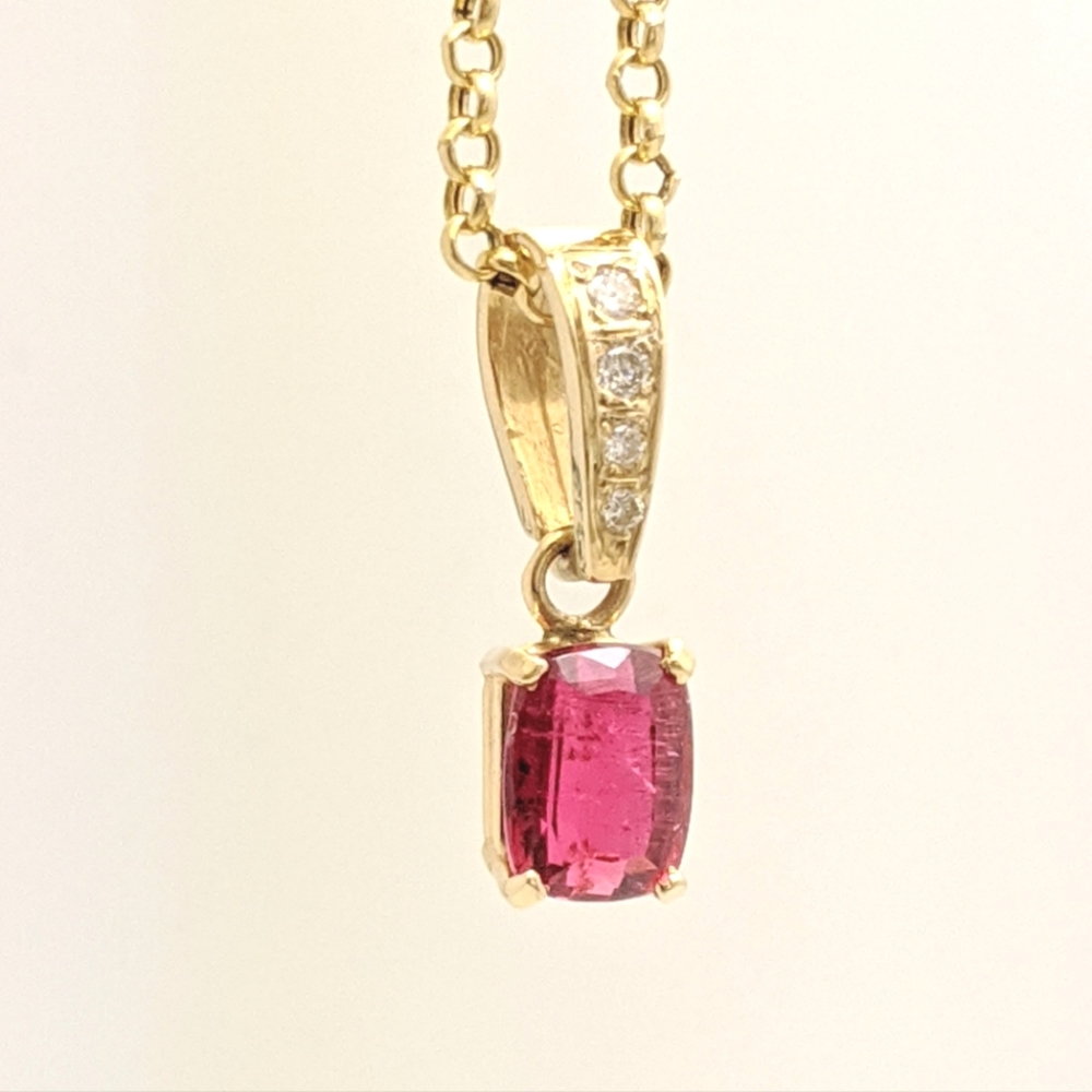 Gorgeous Pink Tourmaline and Diamond 14K Solid Gold Pendant